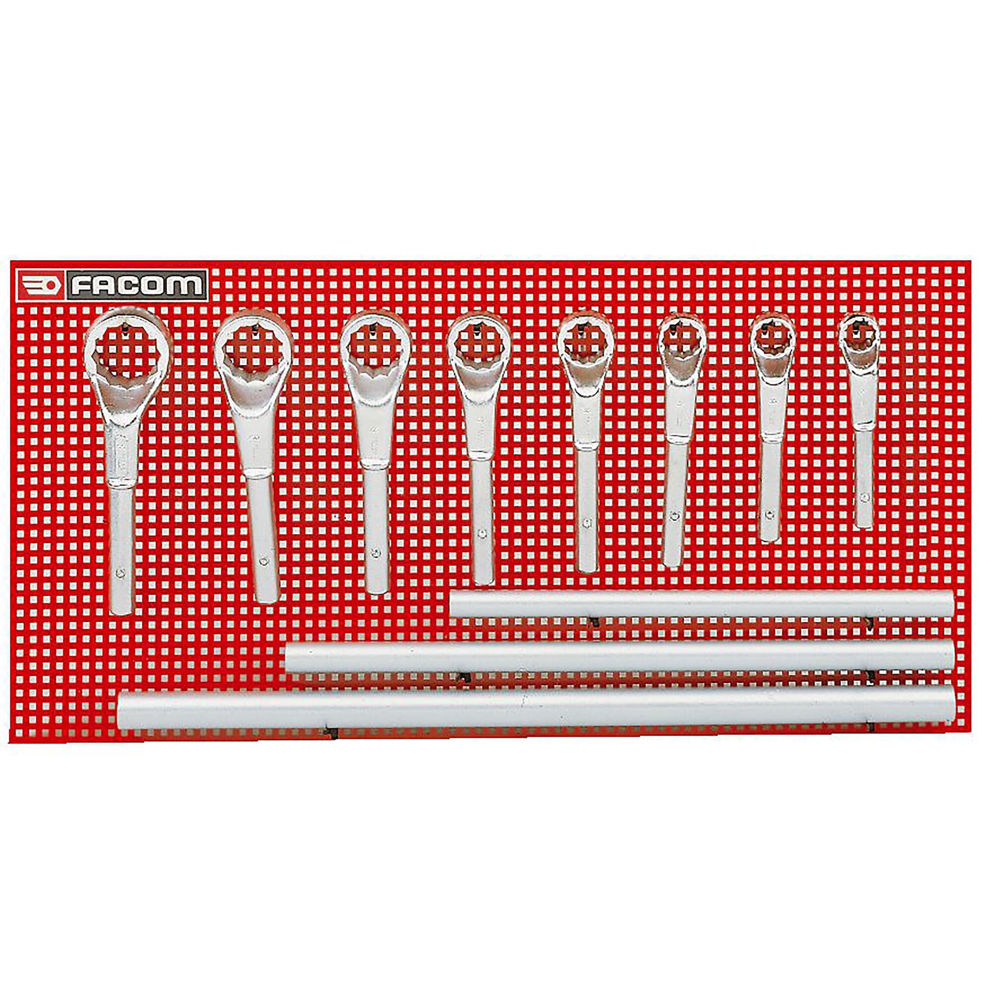 Facom ratcheting wrench set SKU 54P9M displayed on red perforated board, photography, front angle